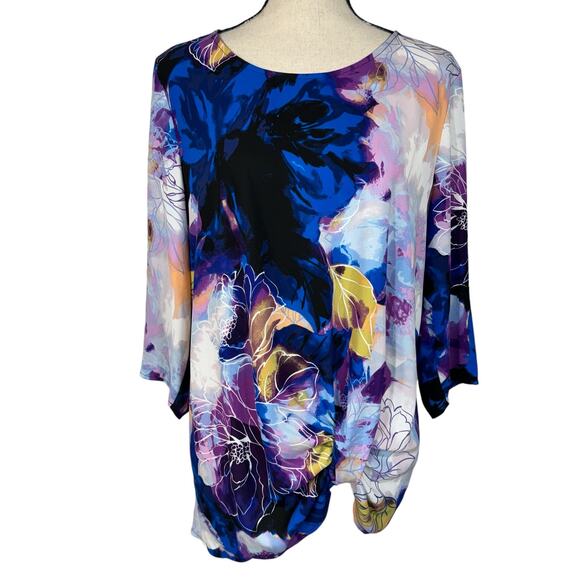 Dana Buchman Tops - Dana Buchman Large Top Floral 3/4 Sleeves Round Neck Stretch Lightweight Knotted